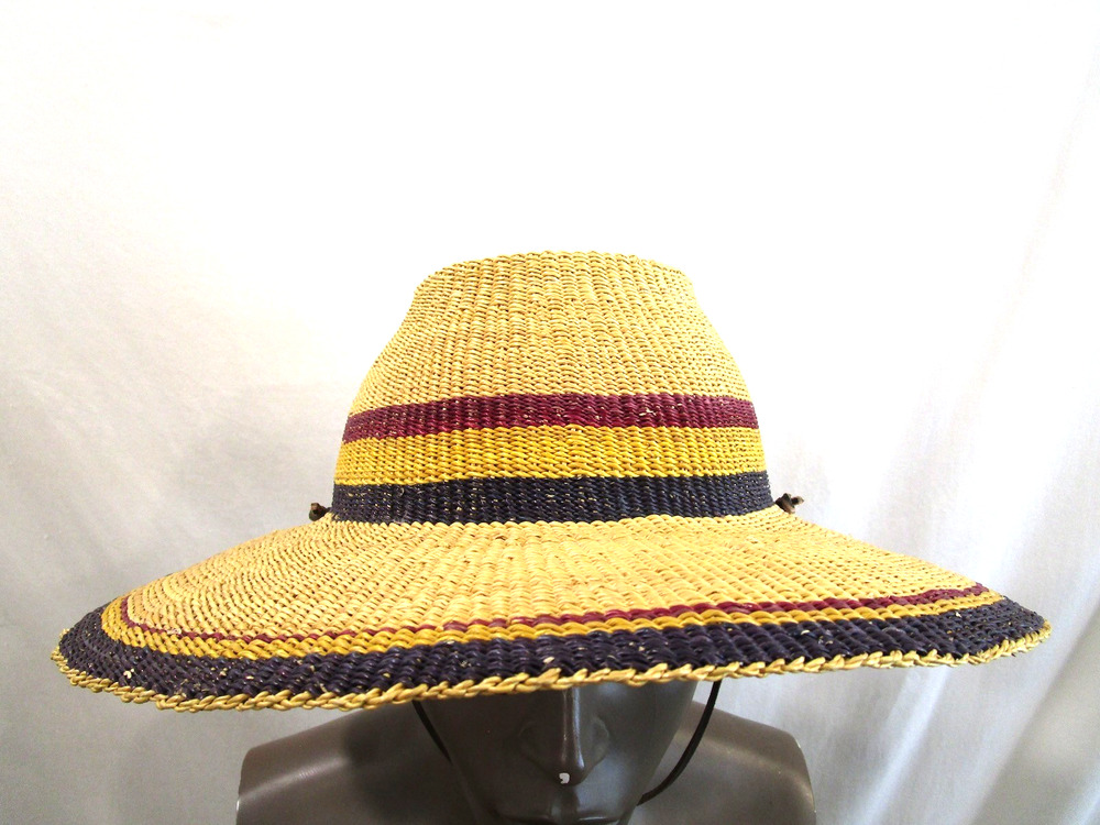 African Ghana Handwoven Tribal 4" Wide Brim Leather Strap Straw Sun Bolga Hat